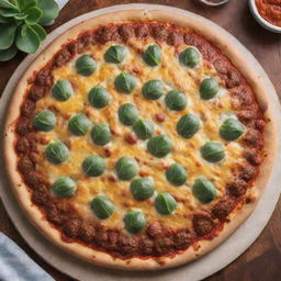 A top-view of a succulent sausage pizza, complete with a crispy crust and melted cheese, placed enticingly on a kitchen table.