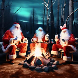 Santa Claus styled as a hippie with psychedelic art influences and light trails, sitting around a campfire with Jack Frost, the Easter Rabbit, and the Tooth Fairy, each holding a thick, unlit cigar.