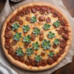 A top-view of a succulent sausage pizza, complete with a crispy crust and melted cheese, placed enticingly on a kitchen table.