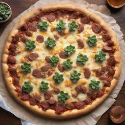 A top-view of a succulent sausage pizza, complete with a crispy crust and melted cheese, placed enticingly on a kitchen table.