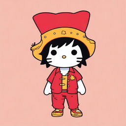 An image displaying Hello Kitty dressed as Luffy from One Piece