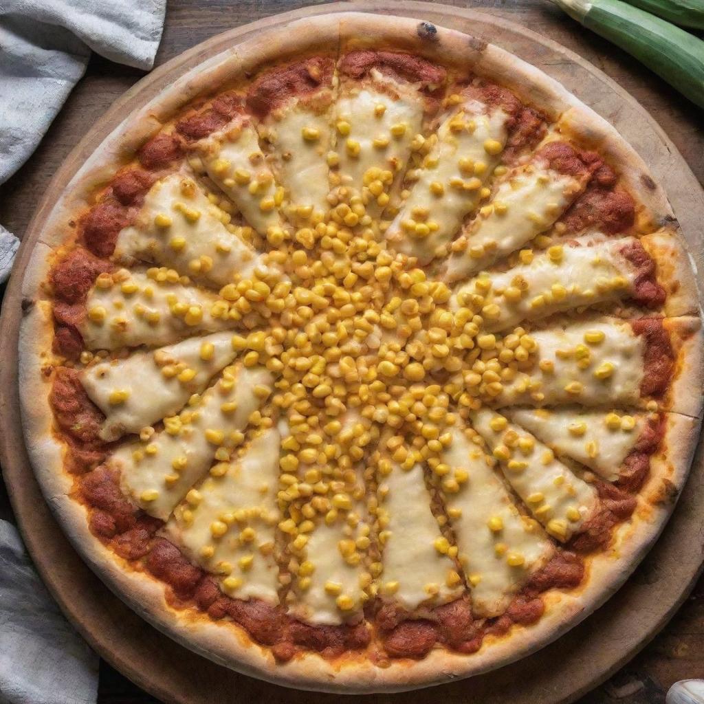 Top view of a cheesy pizza topped with sweet corn kernels, displayed temptingly on a kitchen table.