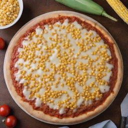 Top view of a cheesy pizza topped with sweet corn kernels, displayed temptingly on a kitchen table.