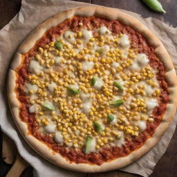 Top view of a cheesy pizza topped with sweet corn kernels, displayed temptingly on a kitchen table.