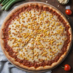 Top view of a cheesy pizza topped with sweet corn kernels, displayed temptingly on a kitchen table.