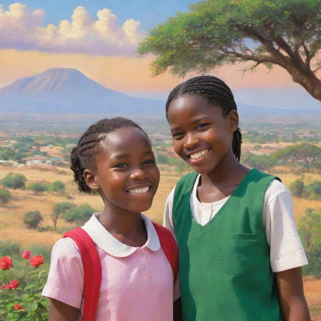 A vibrant scene featuring an African school girl named Rose, enjoying a charming encounter with a lovely African boy named Seth. They are both cheerful, and the background is full of typical African scenery.