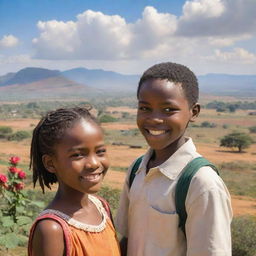 A vibrant scene featuring an African school girl named Rose, enjoying a charming encounter with a lovely African boy named Seth. They are both cheerful, and the background is full of typical African scenery.