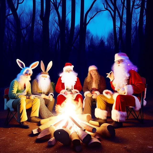 Santa Claus styled as a hippie with psychedelic art influences and light trails, sitting around a campfire with Jack Frost, the Easter Rabbit, and the Tooth Fairy, each holding a thick, unlit cigar.