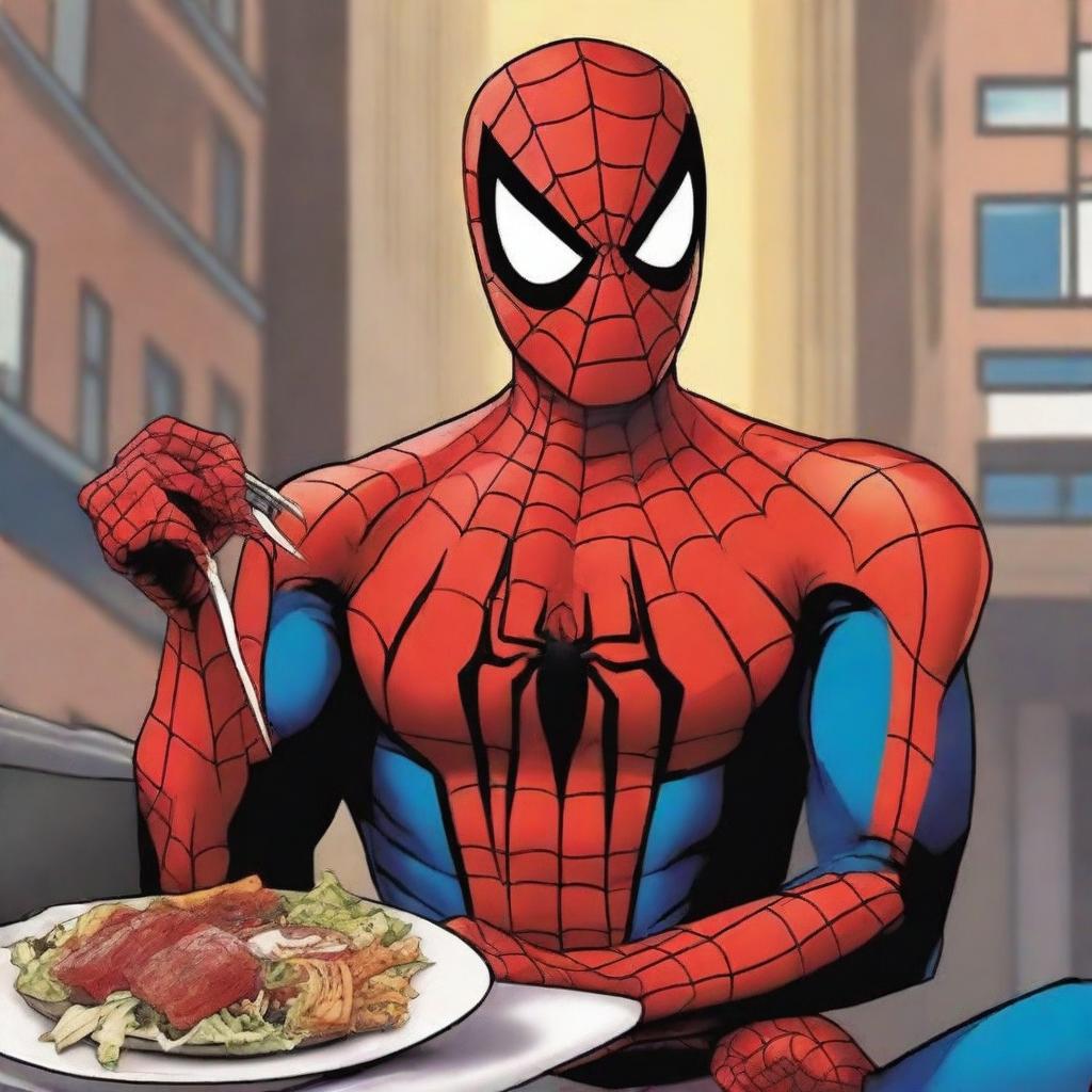 A vibrant digital art image featuring Spiderman, the Marvel superhero, casually enjoying a meal