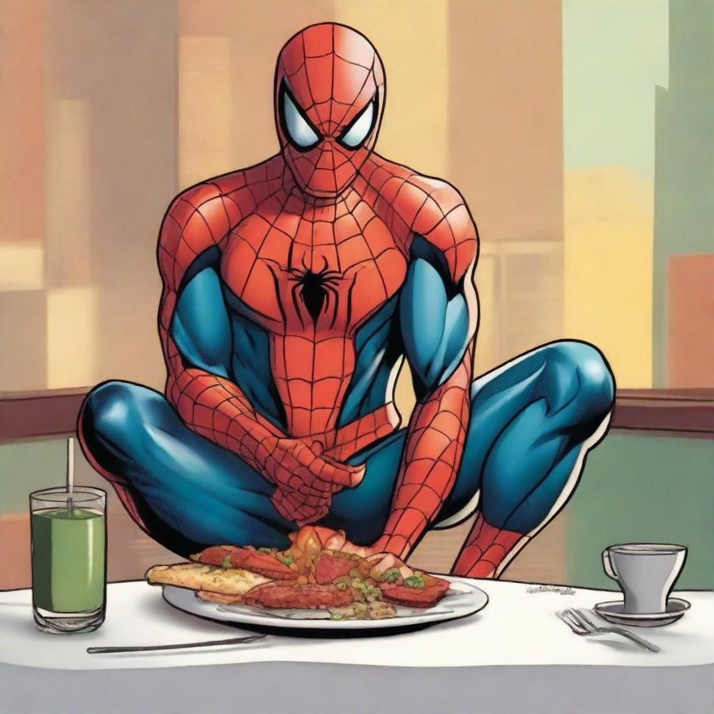 A vibrant digital art image featuring Spiderman, the Marvel superhero, casually enjoying a meal