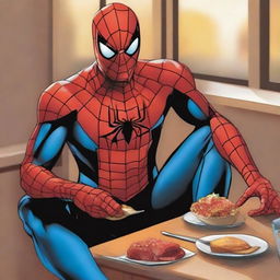 A vibrant digital art image featuring Spiderman, the Marvel superhero, casually enjoying a meal