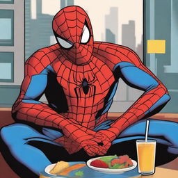 A vibrant digital art image featuring Spiderman, the Marvel superhero, casually enjoying a meal