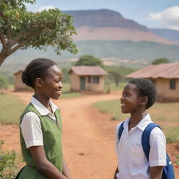 A vibrant scene featuring an African school girl named Rose, enjoying a charming encounter with a lovely African boy named Seth. They are both cheerful, and the background is full of typical African scenery.