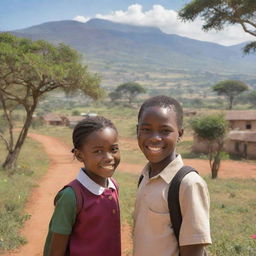 A vibrant scene featuring an African school girl named Rose, enjoying a charming encounter with a lovely African boy named Seth. They are both cheerful, and the background is full of typical African scenery.