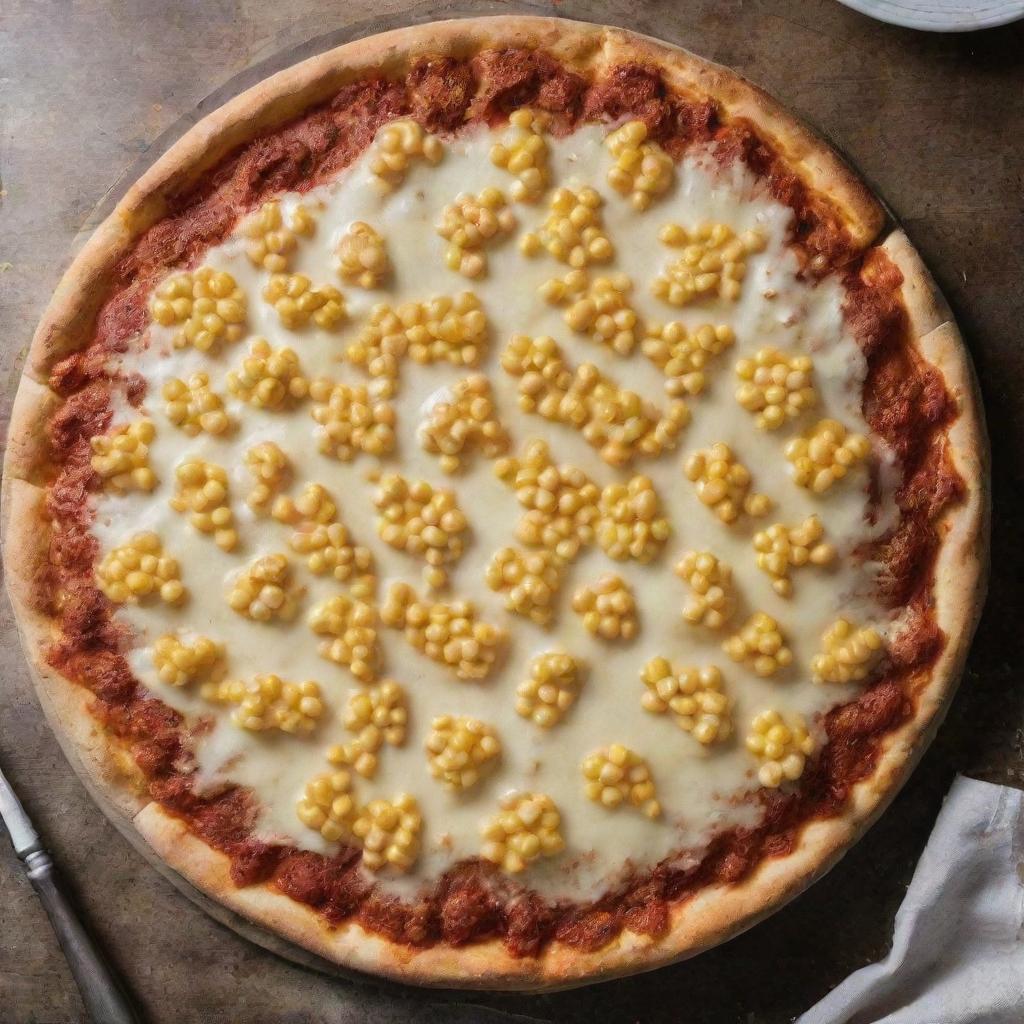 Overhead shot of a pizza laden with juicy corn, nestled within layers of melted cheese, on a kitchen table.