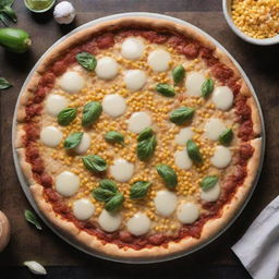 Overhead shot of a pizza laden with juicy corn, nestled within layers of melted cheese, on a kitchen table.