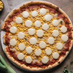 Overhead shot of a pizza laden with juicy corn, nestled within layers of melted cheese, on a kitchen table.