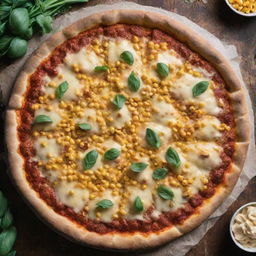 Overhead shot of a pizza laden with juicy corn, nestled within layers of melted cheese, on a kitchen table.