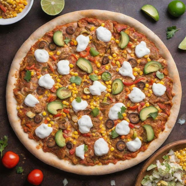 A mouthwatering top view of a chicken fajita pizza, dressed with pops of juicy corn, resting on a kitchen tabletop.