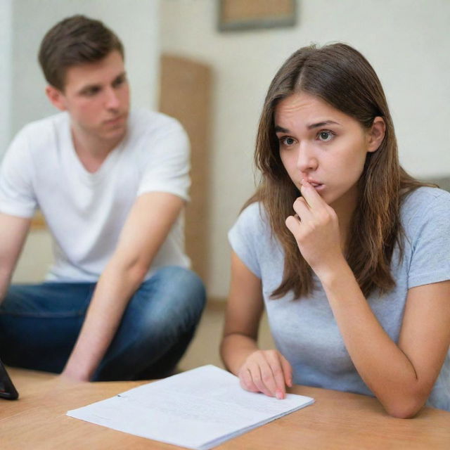 A nonchalant young girl ignoring her boyfriend while engrossed in her own activities