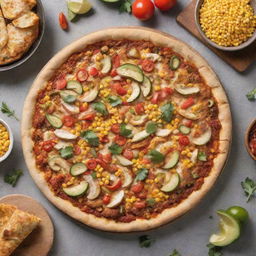 Top view of a flavorful chicken fajita pizza with corn and a toasty crust, beautifully arranged on a kitchen table.