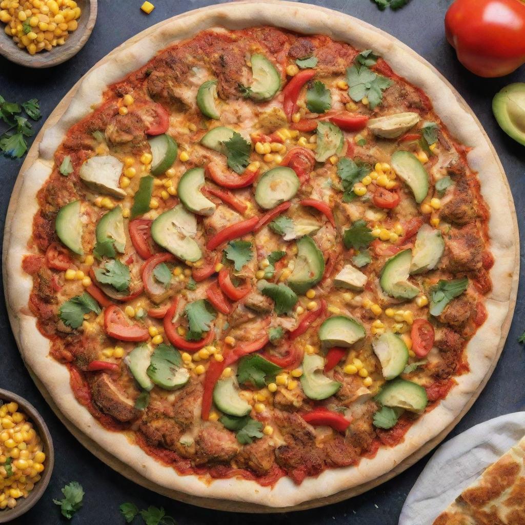 Top view of a flavorful chicken fajita pizza with corn and a toasty crust, beautifully arranged on a kitchen table.