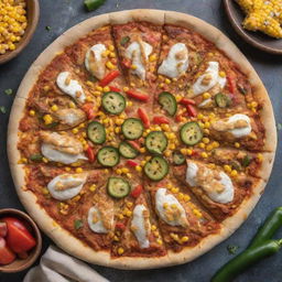 Top view of a flavorful chicken fajita pizza with corn and a toasty crust, beautifully arranged on a kitchen table.