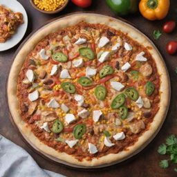 Top view of a flavorful chicken fajita pizza with corn and a toasty crust, beautifully arranged on a kitchen table.