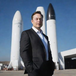 A detailed and realistic portrait of Elon Musk, the tech entrepreneur, standing in front of his company's SpaceX rocket in business attire.