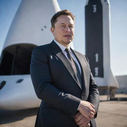 A detailed and realistic portrait of Elon Musk, the tech entrepreneur, standing in front of his company's SpaceX rocket in business attire.