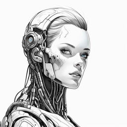 Transform the cartoon style illustration into a sketch. Maintain the surrealism and 23rd century cyborg concept in high-resolution black and white line art with no shading. The cyborg remains focused towards the camera on a white background.