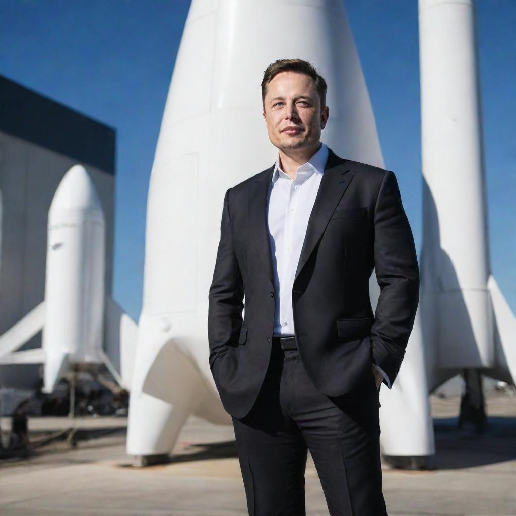 A detailed and realistic portrait of Elon Musk, the tech entrepreneur, standing in front of his company's SpaceX rocket in business attire.