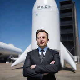 A detailed and realistic portrait of Elon Musk, the tech entrepreneur, standing in front of his company's SpaceX rocket in business attire.