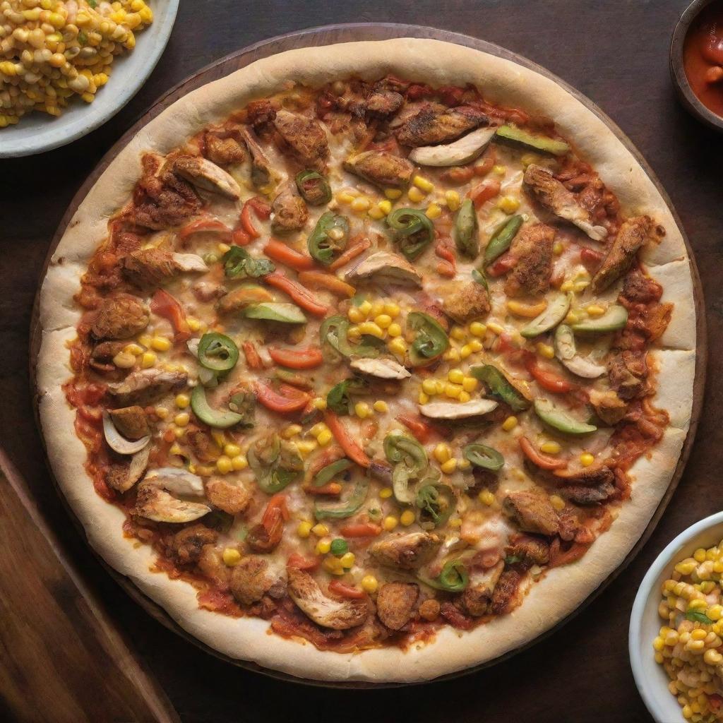 In a dimly lit room, a top-view of a chicken fajita pizza with corn and a toasty crust, poised on a kitchen table.