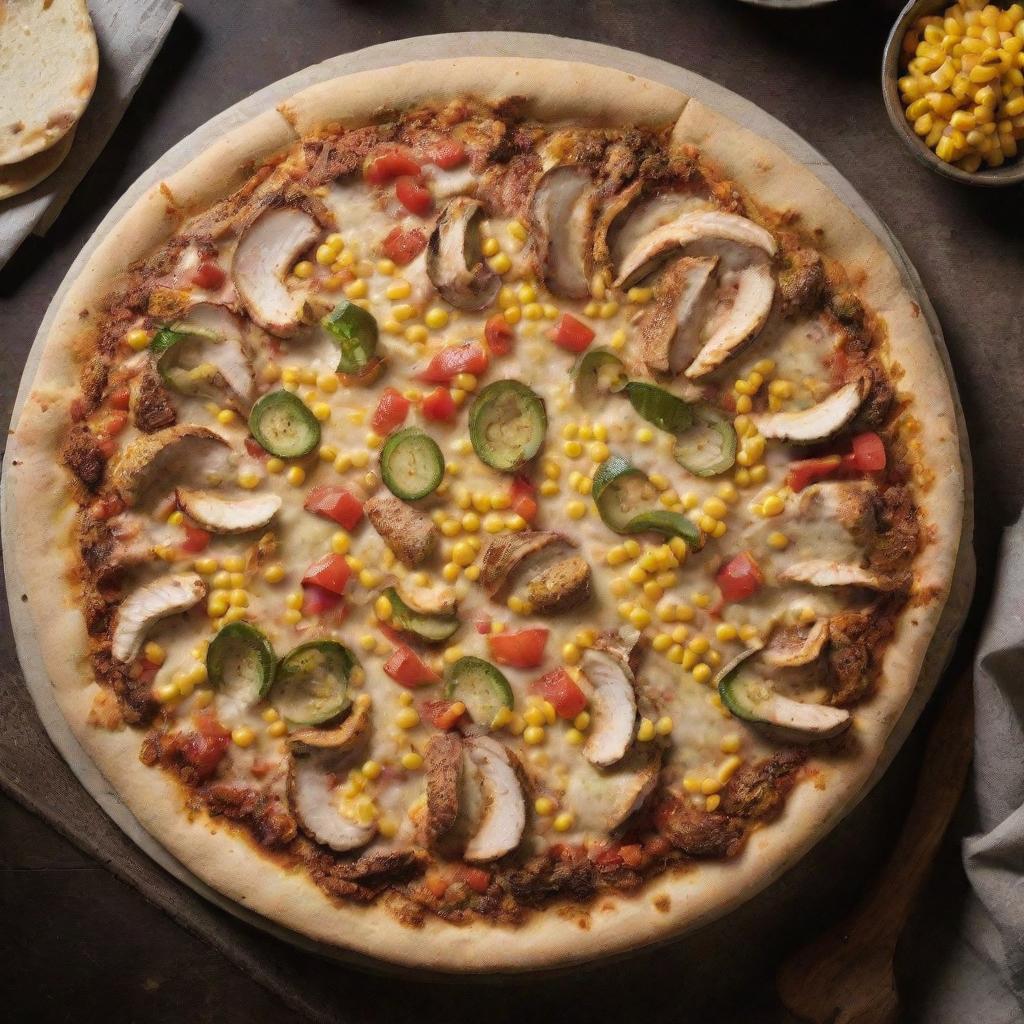 In a dimly lit room, a top-view of a chicken fajita pizza with corn and a toasty crust, poised on a kitchen table.