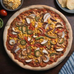 In a dimly lit room, a top-view of a chicken fajita pizza with corn and a toasty crust, poised on a kitchen table.