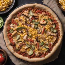 In a dimly lit room, a top-view of a chicken fajita pizza with corn and a toasty crust, poised on a kitchen table.