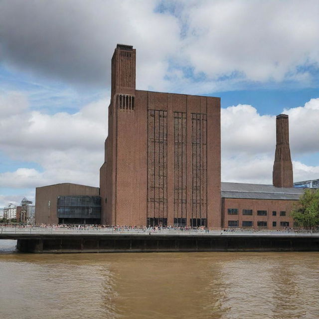 The classic facade of the Tate Modern museum in London, seen from the South Bank of the River Thames, with large windows reflecting the cloudy, British sky.