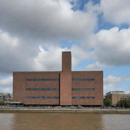 The classic facade of the Tate Modern museum in London, seen from the South Bank of the River Thames, with large windows reflecting the cloudy, British sky.