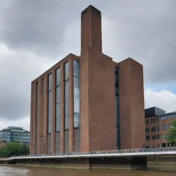 The classic facade of the Tate Modern museum in London, seen from the South Bank of the River Thames, with large windows reflecting the cloudy, British sky.