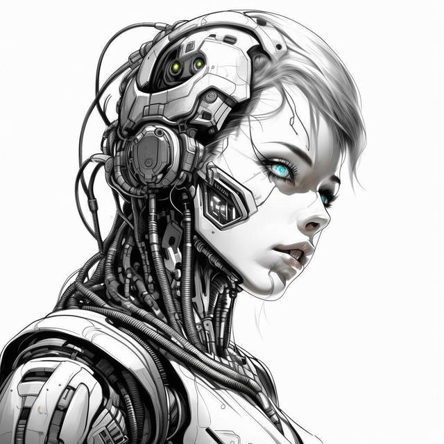 Transform the cartoon style illustration into a sketch. Maintain the surrealism and 23rd century cyborg concept in high-resolution black and white line art with no shading. The cyborg remains focused towards the camera on a white background.