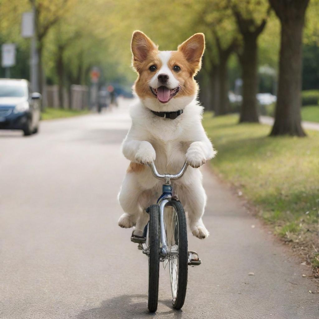 A cute dog effortlessly riding a bicycle on a sunny day