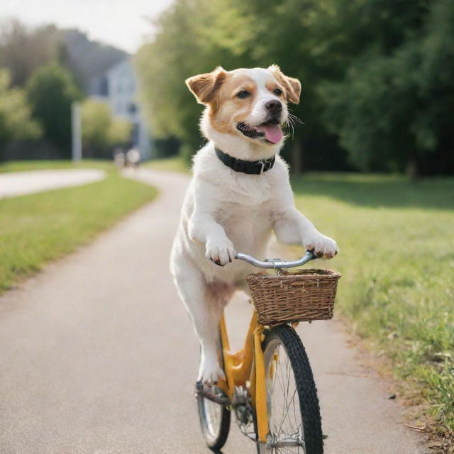 A cute dog effortlessly riding a bicycle on a sunny day