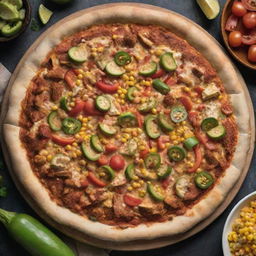 Overhead shot of a chicken fajita pizza with corn and toasty crust, set on a kitchen table in a dimly lit room.