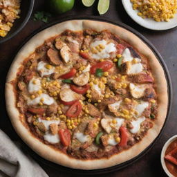 Overhead shot of a chicken fajita pizza with corn and toasty crust, set on a kitchen table in a dimly lit room.