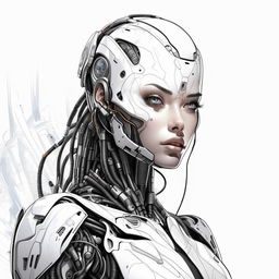 Transform the cartoon style illustration into a sketch. Maintain the surrealism and 23rd century cyborg concept in high-resolution black and white line art with no shading. The cyborg remains focused towards the camera on a white background.