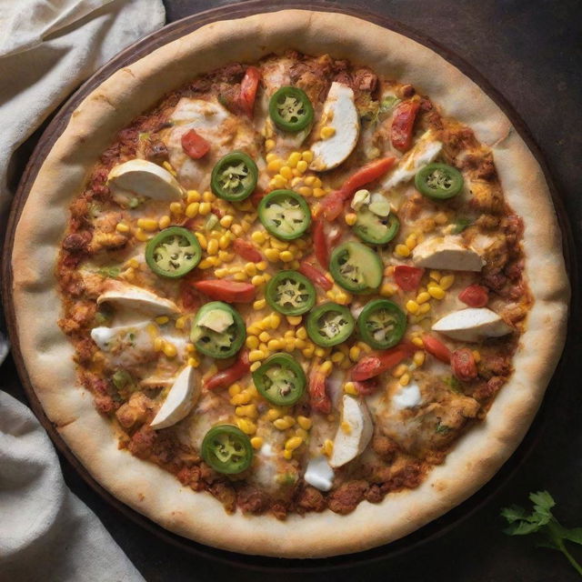 Overhead shot of a chicken fajita pizza with corn and toasty crust, set on a kitchen table in a dimly lit room.