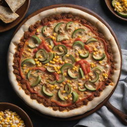 Overhead shot of a chicken fajita pizza with corn and toasty crust, set on a kitchen table in a dimly lit room.