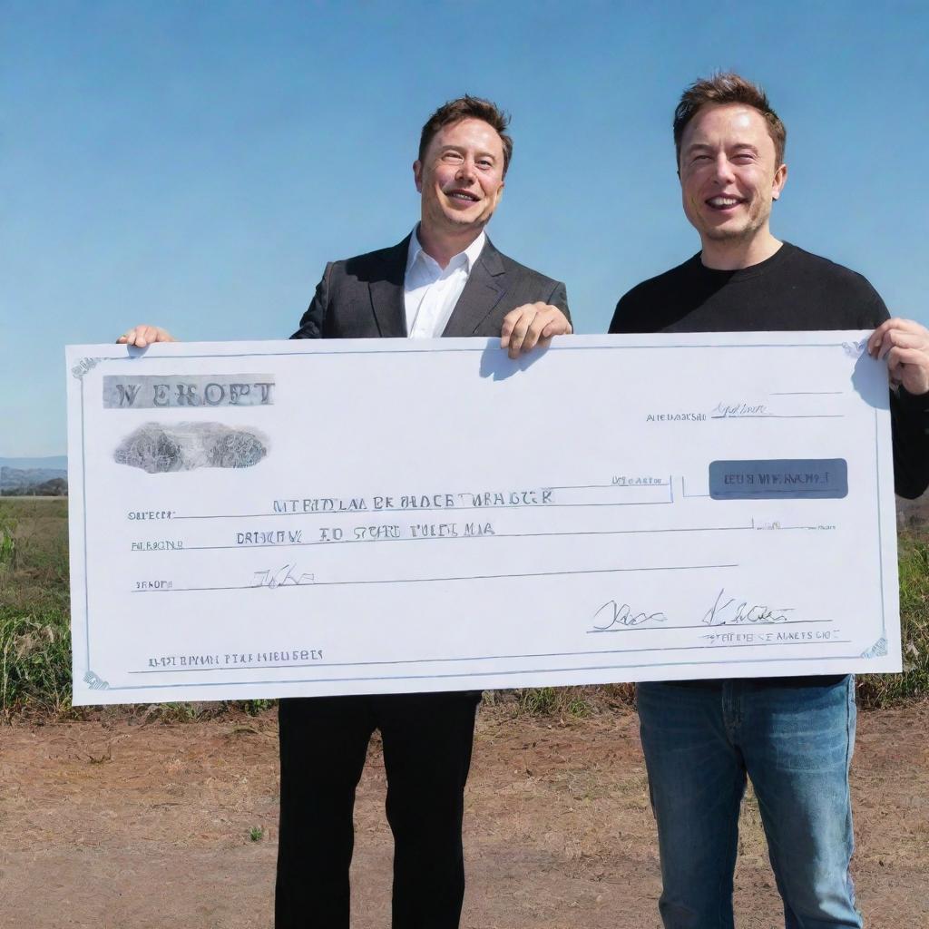 Elon Musk, the billionaire entrepreneur, handing over a giant, novelty cheque to internet personality MrBeast under a clear, sunny sky.