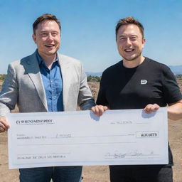 Elon Musk, the billionaire entrepreneur, handing over a giant, novelty cheque to internet personality MrBeast under a clear, sunny sky.